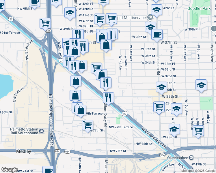 map of restaurants, bars, coffee shops, grocery stores, and more near 3050 West 16th Avenue in Hialeah