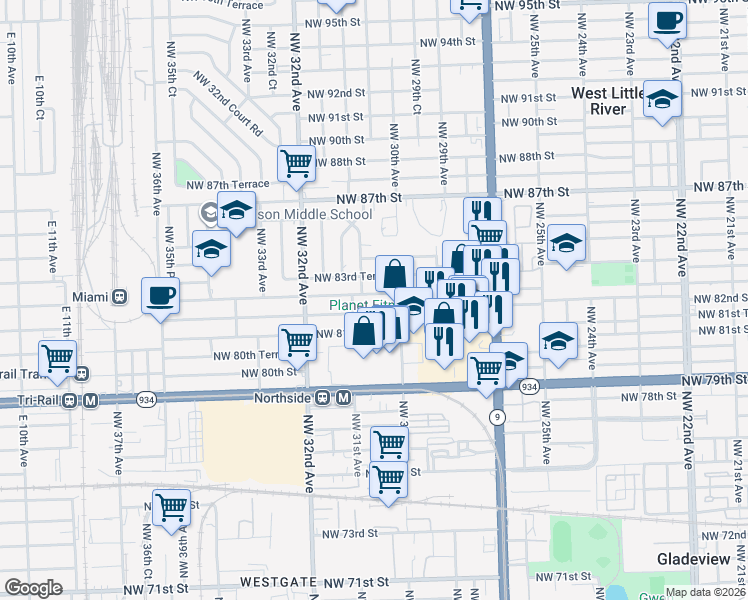 map of restaurants, bars, coffee shops, grocery stores, and more near 3030 Northwest 83rd Street in Miami