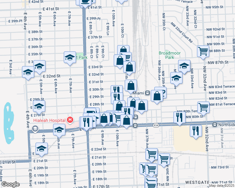 map of restaurants, bars, coffee shops, grocery stores, and more near 2905 East 10th Avenue in Hialeah