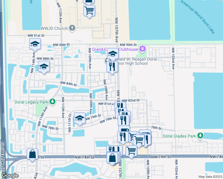 map of restaurants, bars, coffee shops, grocery stores, and more near 10763 Northwest 83rd Terrace in Doral