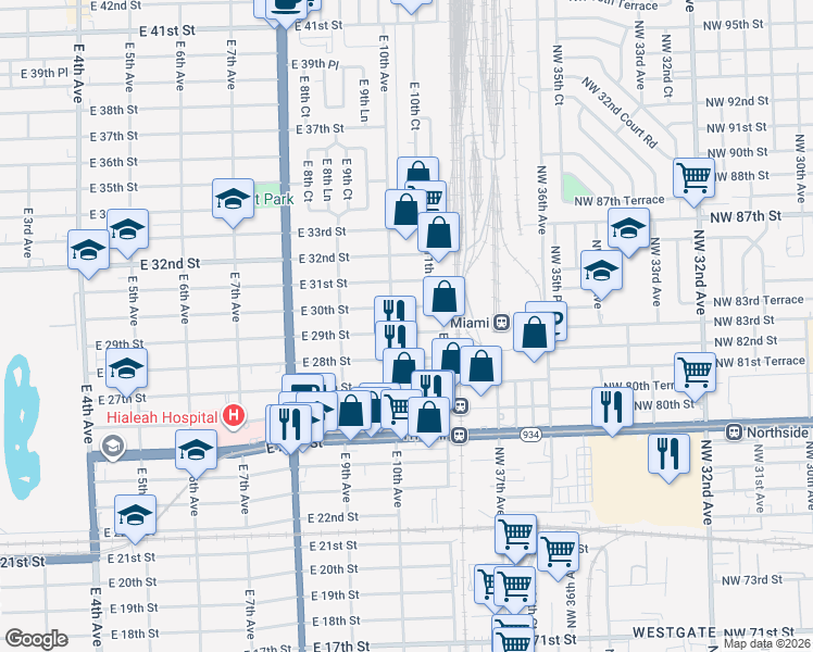 map of restaurants, bars, coffee shops, grocery stores, and more near 2905 East 10th Avenue in Hialeah