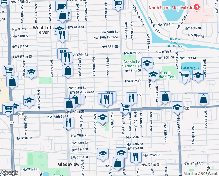 map of restaurants, bars, coffee shops, grocery stores, and more near 1790 Northwest 82nd Street in Miami