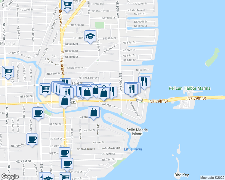 map of restaurants, bars, coffee shops, grocery stores, and more near 894 Northeast 81st Street in Miami