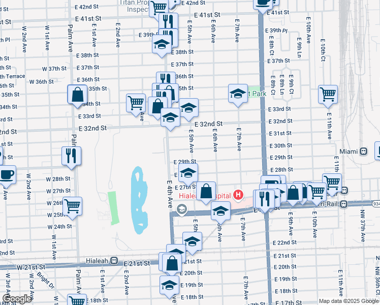 map of restaurants, bars, coffee shops, grocery stores, and more near 498 East 30th Street in Hialeah