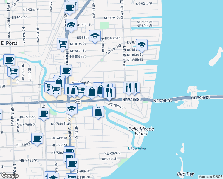 map of restaurants, bars, coffee shops, grocery stores, and more near 894 Northeast 81st Street in Miami