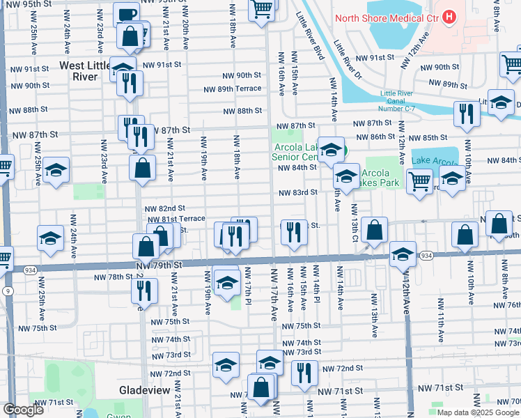 map of restaurants, bars, coffee shops, grocery stores, and more near 1730 Northwest 82nd Street in Miami