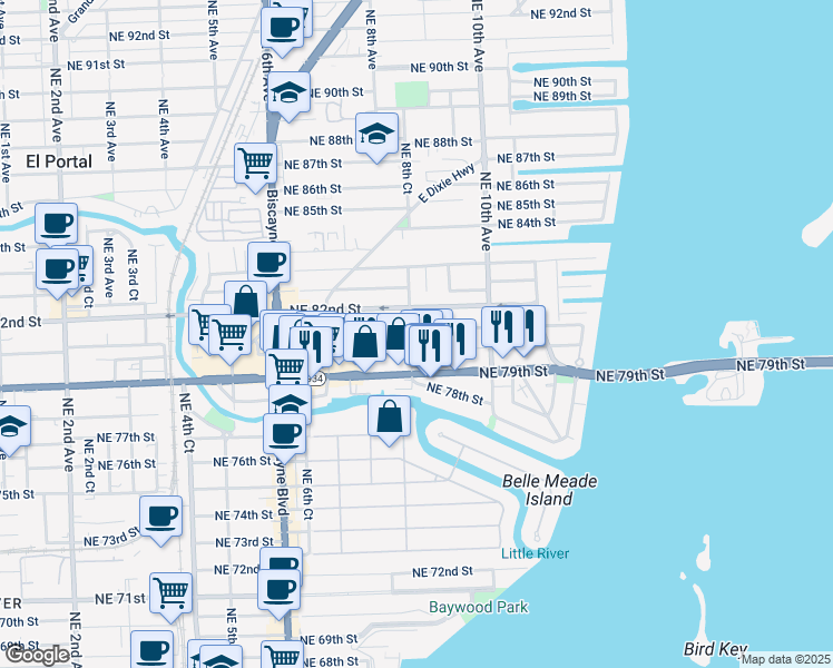 map of restaurants, bars, coffee shops, grocery stores, and more near 848 Northeast 81st Street in Miami