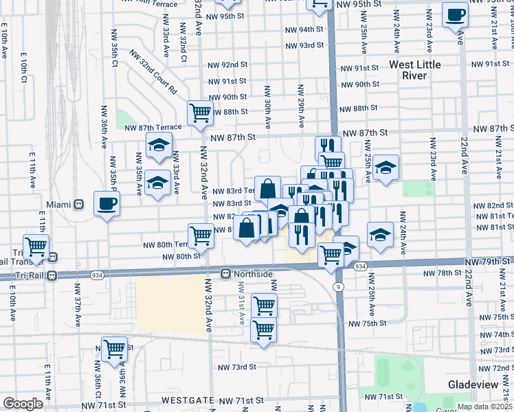 map of restaurants, bars, coffee shops, grocery stores, and more near 3030 Northwest 83rd Street in Miami
