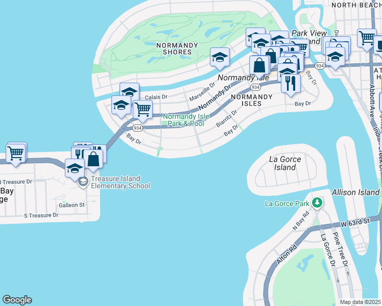 map of restaurants, bars, coffee shops, grocery stores, and more near 1730 Bay Drive in Miami Beach