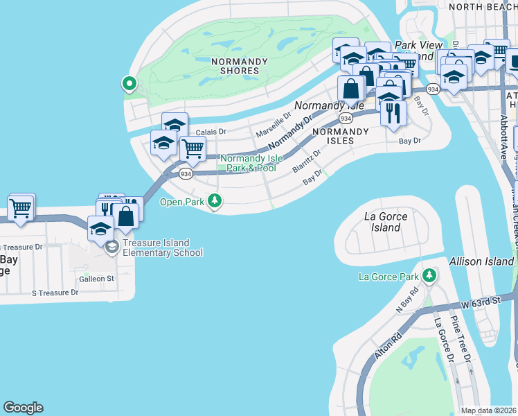 map of restaurants, bars, coffee shops, grocery stores, and more near 1730 Bay Drive in Miami Beach