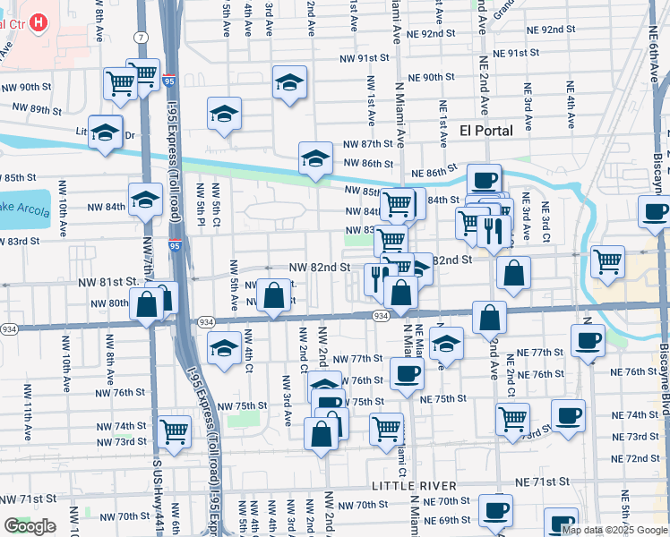map of restaurants, bars, coffee shops, grocery stores, and more near 172 Northwest 82nd Street in Miami