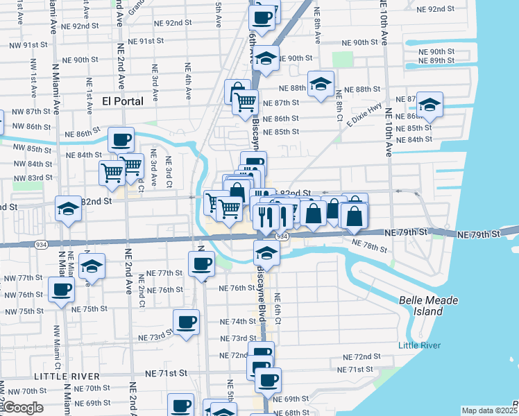 map of restaurants, bars, coffee shops, grocery stores, and more near Biscayne Boulevard & Northeast 81st Street in Miami