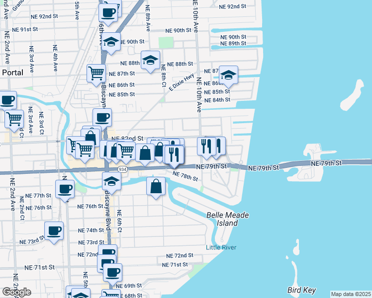 map of restaurants, bars, coffee shops, grocery stores, and more near 894 Northeast 81st Street in Miami