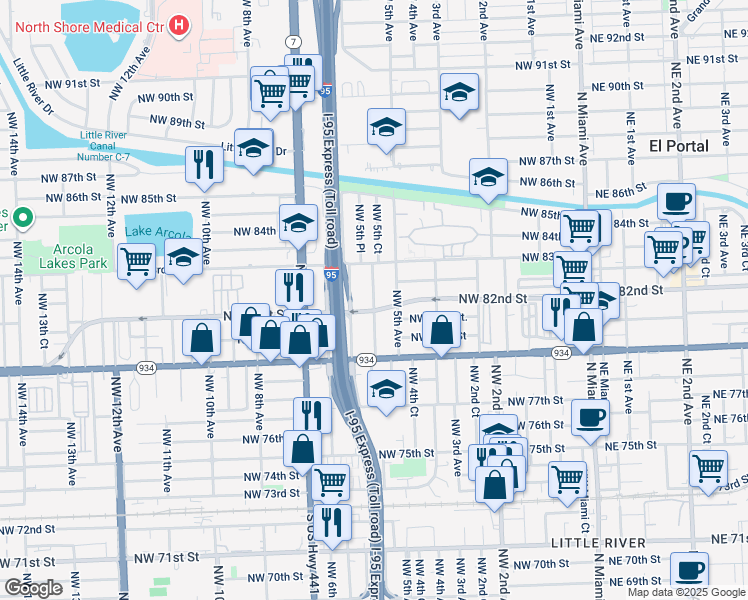 map of restaurants, bars, coffee shops, grocery stores, and more near in Miami Shores