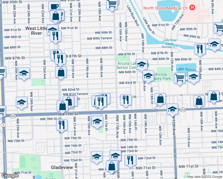 map of restaurants, bars, coffee shops, grocery stores, and more near 1730 Northwest 82nd Street in Miami