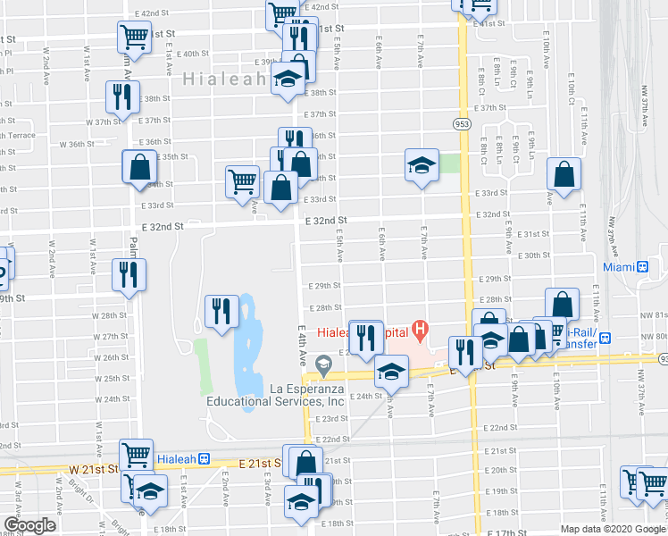 map of restaurants, bars, coffee shops, grocery stores, and more near 498 East 30th Street in Hialeah