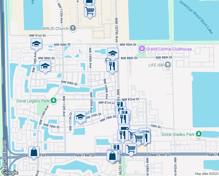 map of restaurants, bars, coffee shops, grocery stores, and more near 10763 Northwest 83rd Terrace in Doral