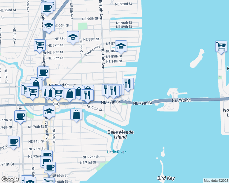 map of restaurants, bars, coffee shops, grocery stores, and more near 1070 Northeast 81st Street in Miami