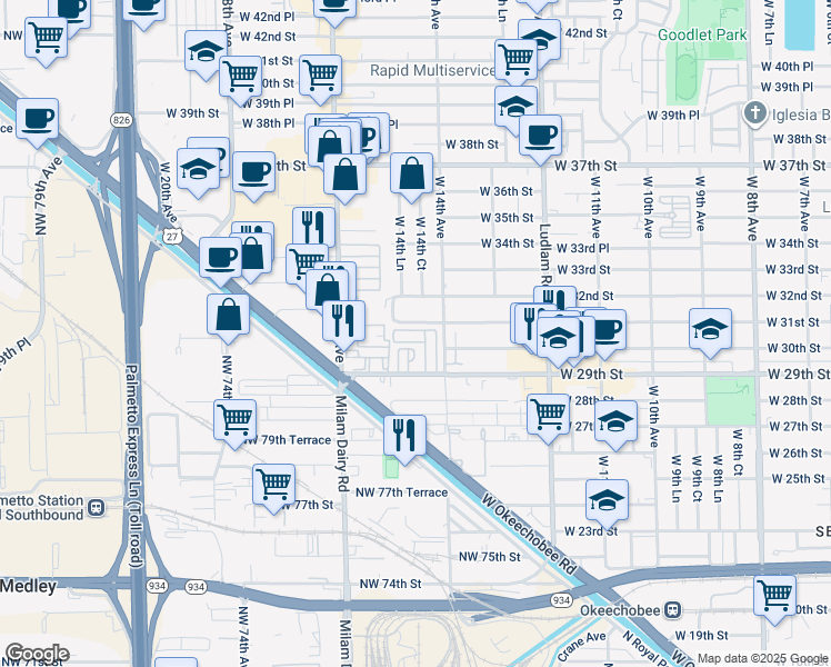 map of restaurants, bars, coffee shops, grocery stores, and more near 5 West 31st Street in Hialeah
