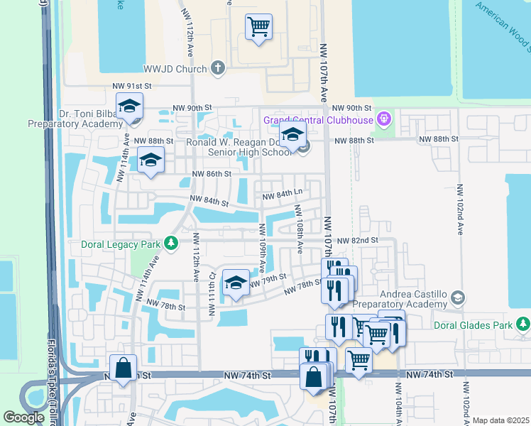 map of restaurants, bars, coffee shops, grocery stores, and more near 10868 Northwest 84th Street in Doral