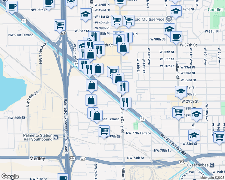 map of restaurants, bars, coffee shops, grocery stores, and more near 3001 Okeechobee Road in Hialeah