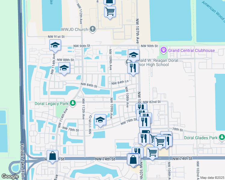 map of restaurants, bars, coffee shops, grocery stores, and more near 10868 Northwest 84th Street in Doral