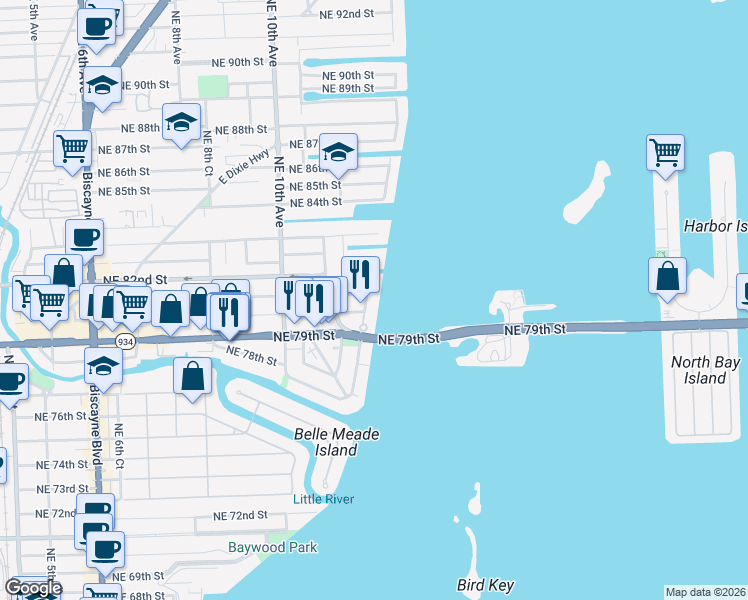 map of restaurants, bars, coffee shops, grocery stores, and more near 8021 Northeast Bayshore Court in Miami