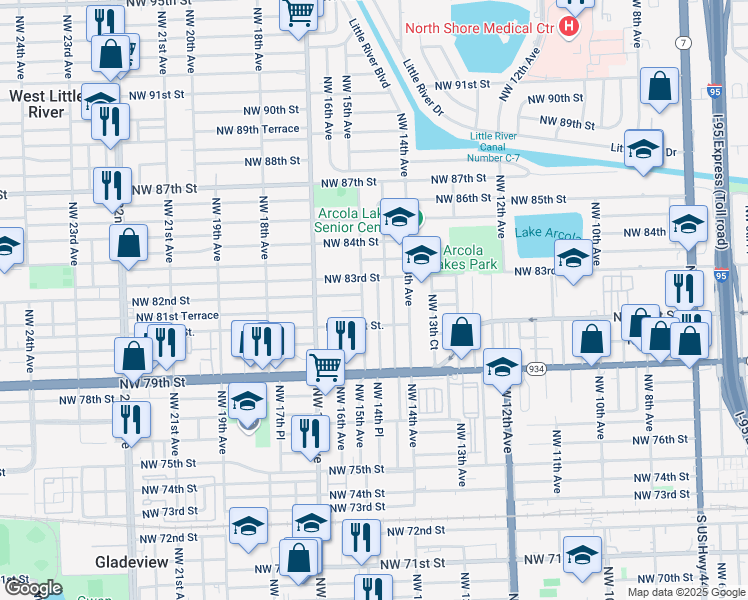 map of restaurants, bars, coffee shops, grocery stores, and more near 8152 Northwest 14th Place in Miami