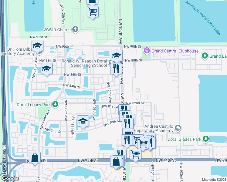 map of restaurants, bars, coffee shops, grocery stores, and more near 8261 Northwest 107th Court in Doral
