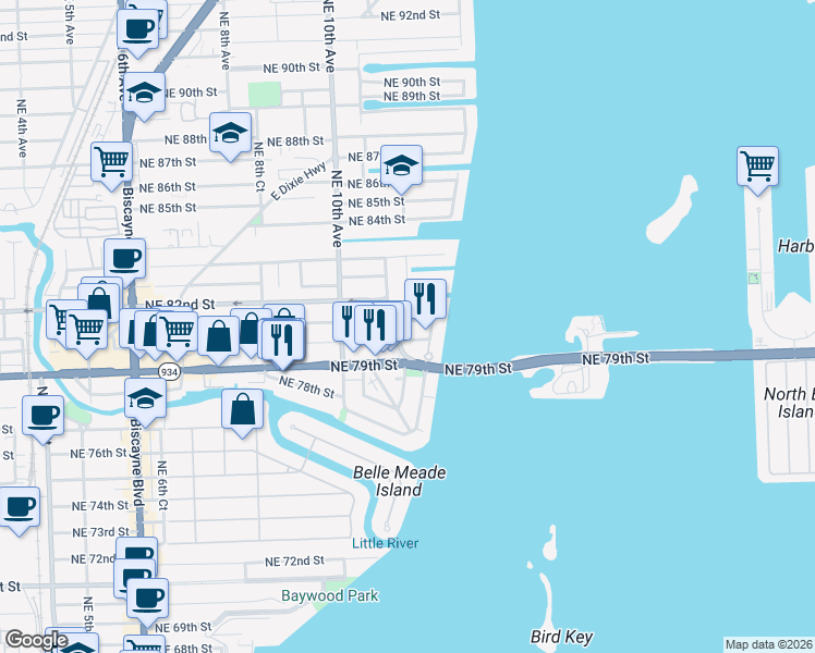 map of restaurants, bars, coffee shops, grocery stores, and more near 1150 Northeast 81st Street in Miami