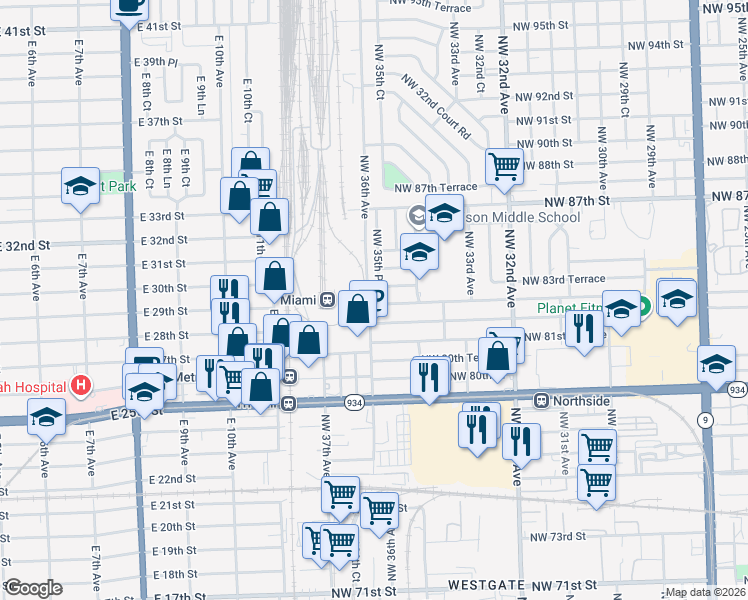 map of restaurants, bars, coffee shops, grocery stores, and more near 8300 Northwest 35th Place in Miami