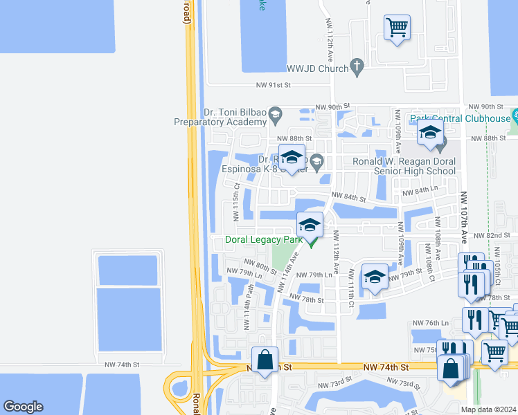 map of restaurants, bars, coffee shops, grocery stores, and more near 11454 Northwest 83rd Way in Doral