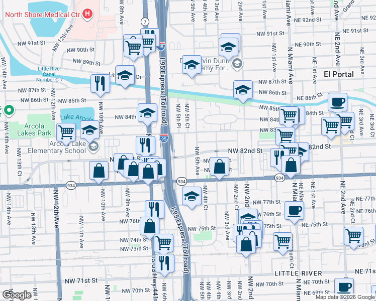 map of restaurants, bars, coffee shops, grocery stores, and more near in Miami Shores