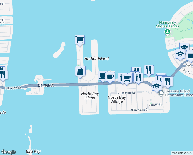 map of restaurants, bars, coffee shops, grocery stores, and more near 7905 East Drive in North Bay Village