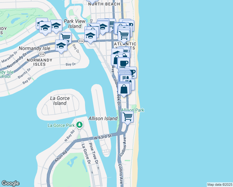 map of restaurants, bars, coffee shops, grocery stores, and more near 6580 Indian Creek Drive in Miami Beach