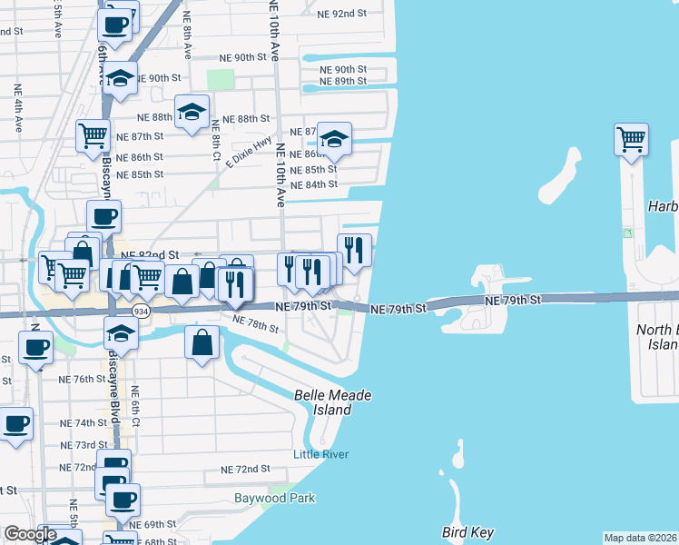 map of restaurants, bars, coffee shops, grocery stores, and more near 1150 Northeast 81st Street in Miami