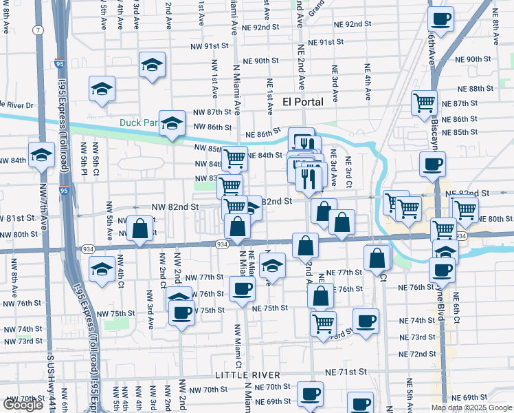 map of restaurants, bars, coffee shops, grocery stores, and more near 46 Northeast 82nd Street in Miami