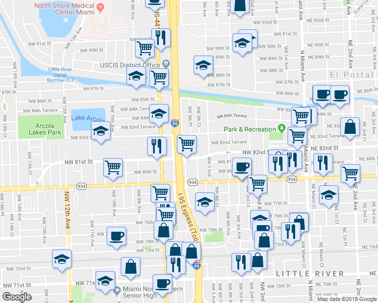 map of restaurants, bars, coffee shops, grocery stores, and more near in Miami Shores