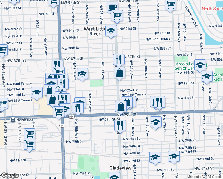 map of restaurants, bars, coffee shops, grocery stores, and more near 2245 Northwest 82nd Street in Miami