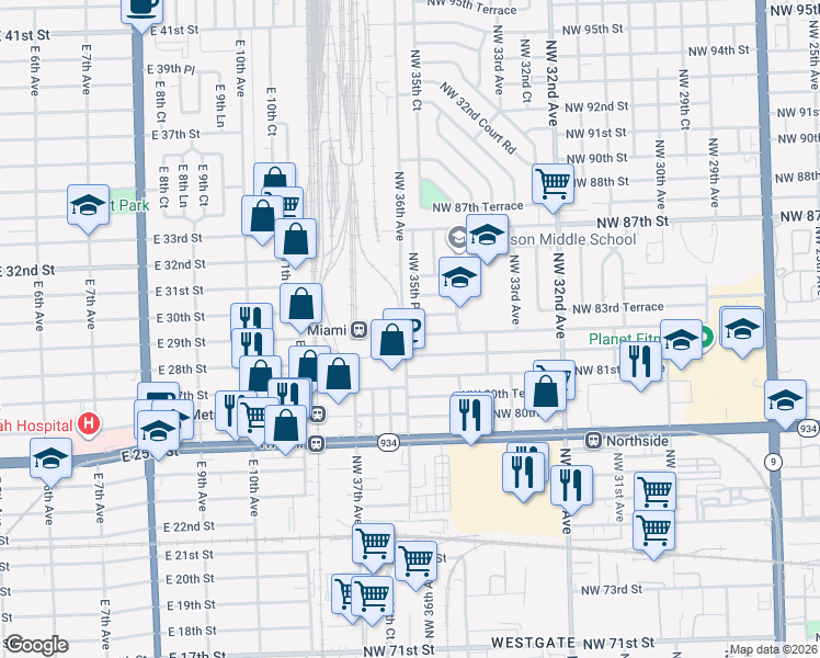 map of restaurants, bars, coffee shops, grocery stores, and more near 8300 Northwest 35th Place in Miami