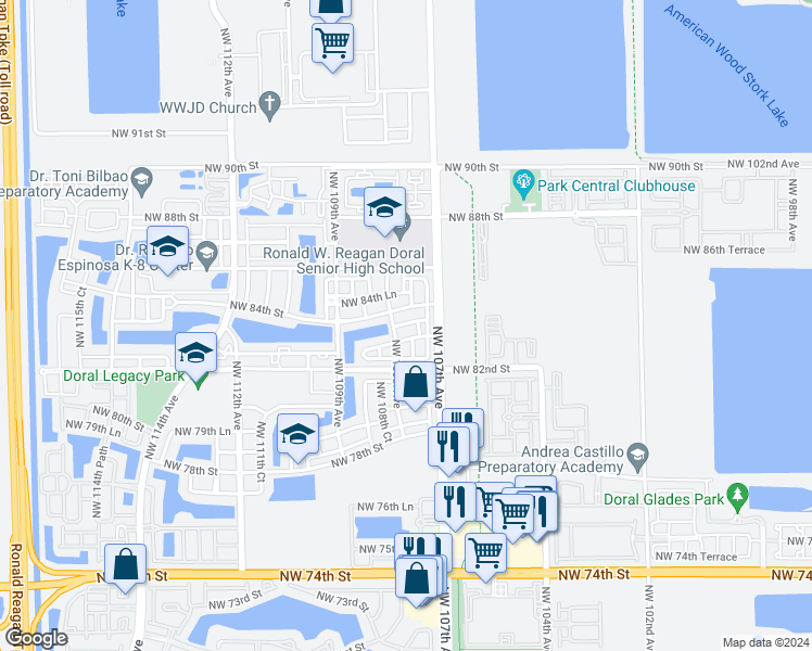 map of restaurants, bars, coffee shops, grocery stores, and more near 10763 Northwest 83rd Terrace in Doral