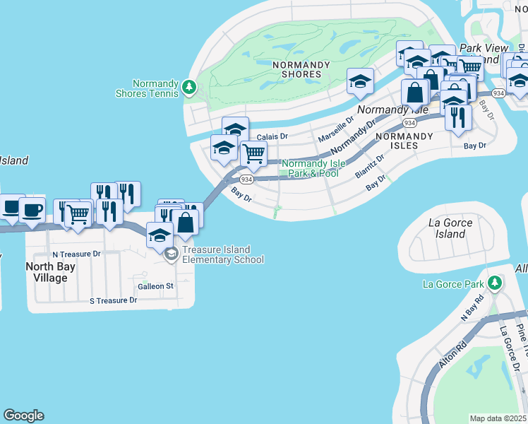 map of restaurants, bars, coffee shops, grocery stores, and more near 1910 Bay Drive in Miami Beach