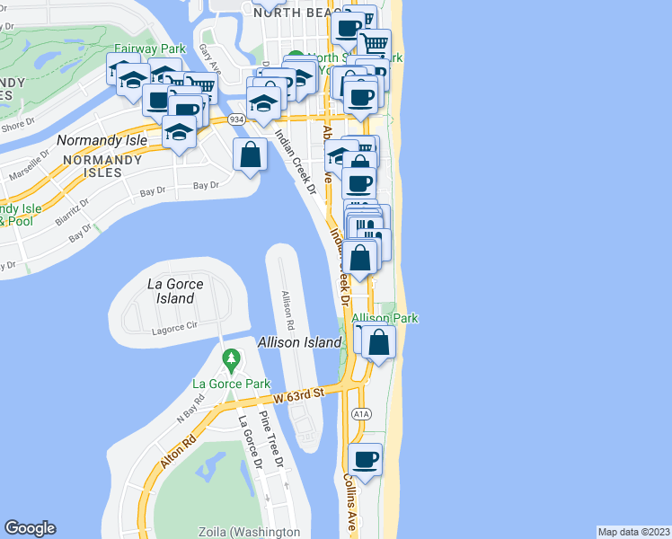 map of restaurants, bars, coffee shops, grocery stores, and more near 6580 Indian Creek Drive in Miami Beach