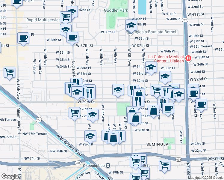 map of restaurants, bars, coffee shops, grocery stores, and more near 928 West 31st Street in Hialeah