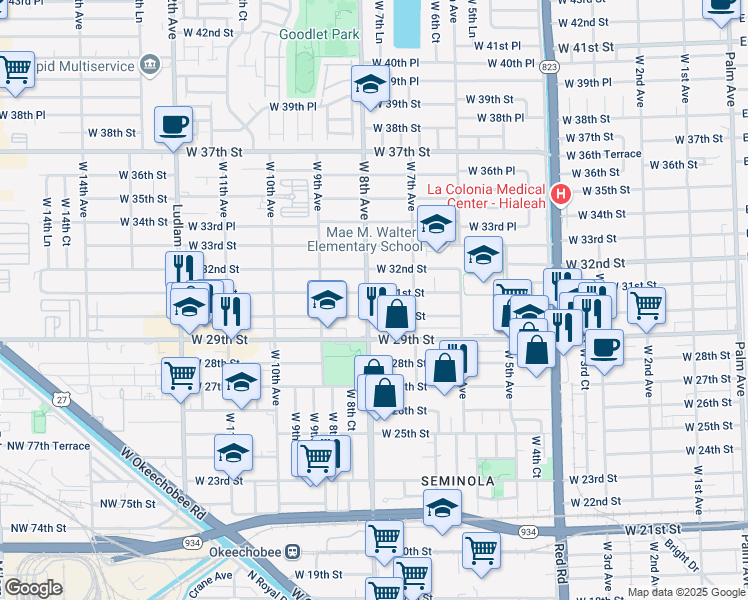 map of restaurants, bars, coffee shops, grocery stores, and more near 780 West 31st Street in Hialeah