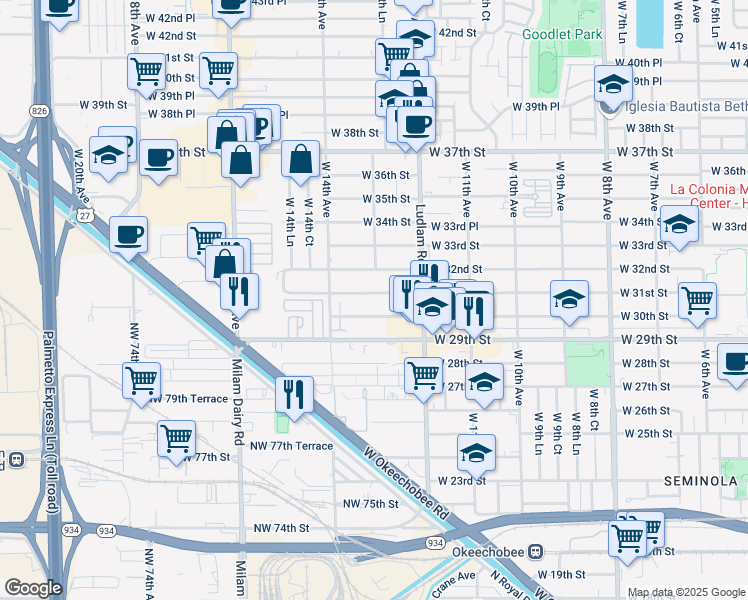 map of restaurants, bars, coffee shops, grocery stores, and more near 1300 West 31st Street in Hialeah