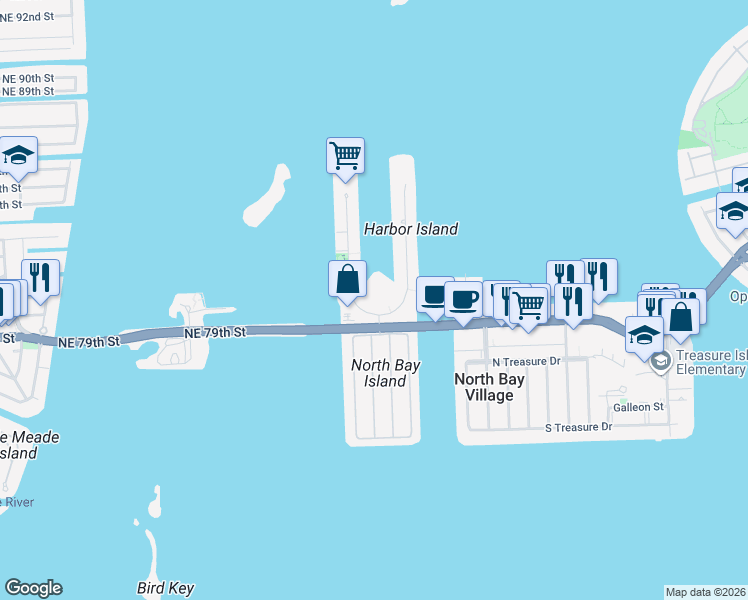map of restaurants, bars, coffee shops, grocery stores, and more near 7900 Harbor Island Drive in North Bay Village