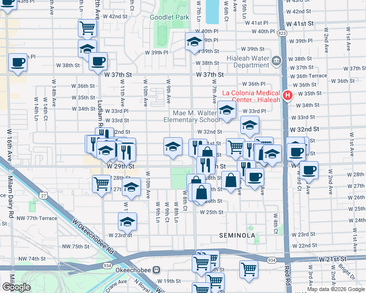 map of restaurants, bars, coffee shops, grocery stores, and more near 856 West 31st Street in Hialeah