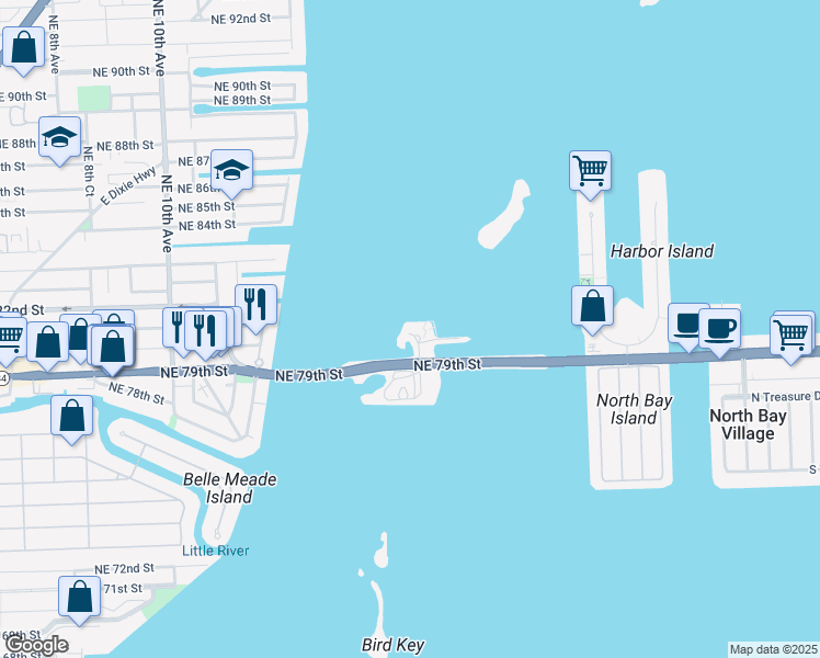 map of restaurants, bars, coffee shops, grocery stores, and more near 1275 Northeast 79th Street in Miami