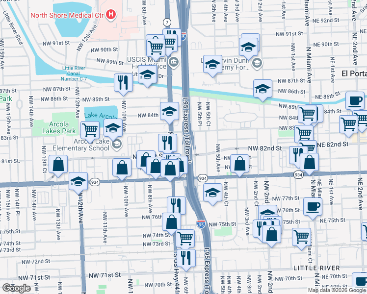 map of restaurants, bars, coffee shops, grocery stores, and more near 8193 Northwest 6th Court in Miami